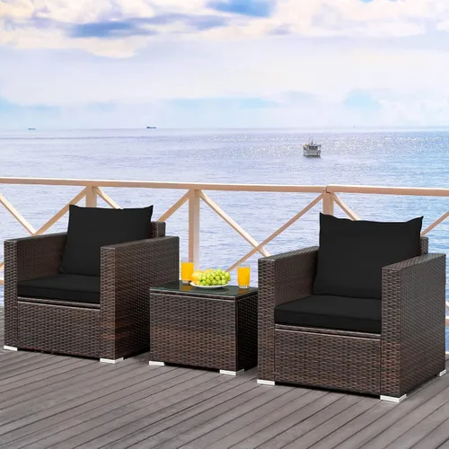 Vista 7 de RELAX4LIFE Juego de sofá de mimbre de 3 piezas, juego de sofá de ratán para patio al aire libre con cojines lavables y mesa de centro de vidrio