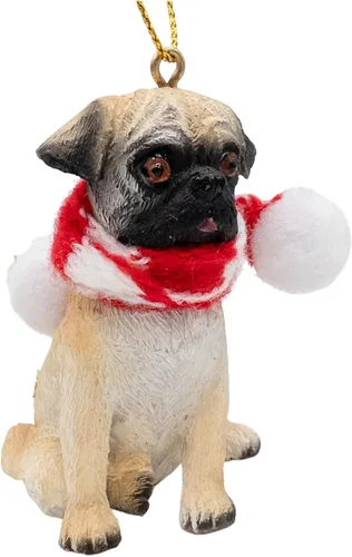 Vista 3 de Pug Puppy First Christmas Tree - Adorno para perro con bufanda de bastón de caramelo de tela