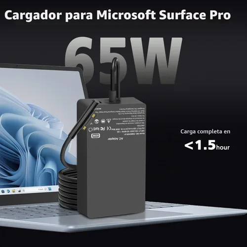 Vista 2 de Cargador para laptop Surface Pro de 65 W compatible con Microsoft Surface Pro 11 10, 9, 8, X, 7+, 7, 6, 5, 4, 3, conector de superficie magnética