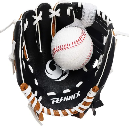 Vista 2 de PHINIX Guante de Tee Ball con Béisbol de Espuma (Lanzamiento de Mano Izquierda-Negro/Marrón/Blanco, 9 Pulgadas)