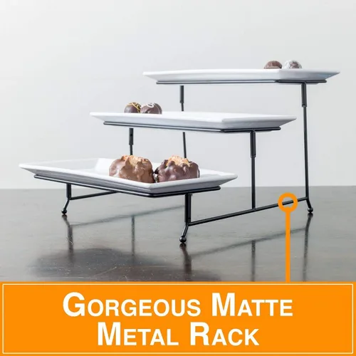 Vista 4 de Soporte con 3 niveles de bandejas rectangulares para mostrar y servir postres y otros alimentos, color blanco