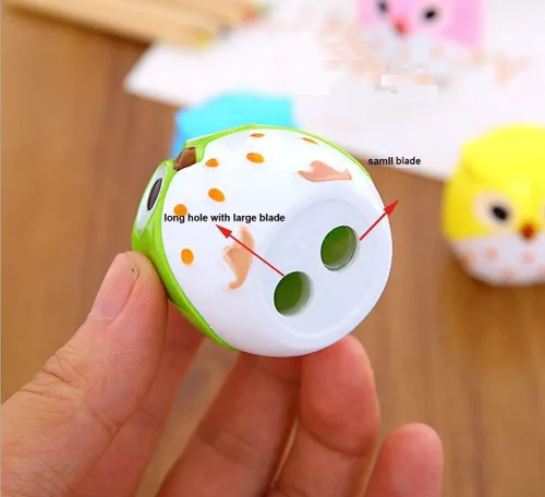 Vista 5 de Sacapuntas de doble agujero, diseño de animales de dibujos animados, búho, cuchillo creativo kawaii, suministros escolares, manual grande, accesorio