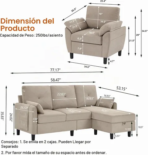 Vista 2 de Juego de sofá seccional, sofá convertible de 77 pulgadas y silla decorativa de 35 pulgadas, sofá pequeño en forma de L de 3 asientos con otomana