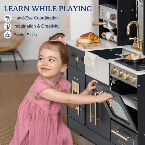 Vista 7 de ROBOTIME Juego de cocina de madera para niños, juego de cocina para niños pequeños con máquina de hielo y cafetera, juguete de cocina realista