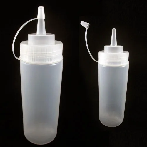 Vista 4 de Paquete de 2 botellas de plástico transparente de 12 onzas, condimento, salsa de tomate, aceite de mostaza, sal de mayonesa