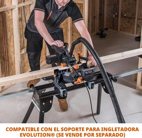 Vista 2 de Sierra de inglete deslizante Evolution Power Tools R185SMS+ con corte multimaterial, bisel de 45 grados, inglete de 50 grados, deslizamiento de 210