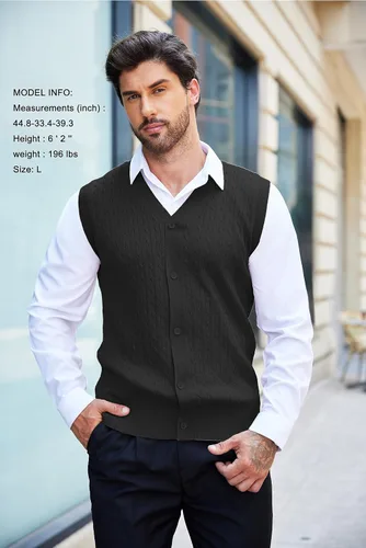 Vista 4 de COOFANDY Chaleco sin mangas para hombre con cuello en V, casual, tejido de cable con botones, cárdigan
