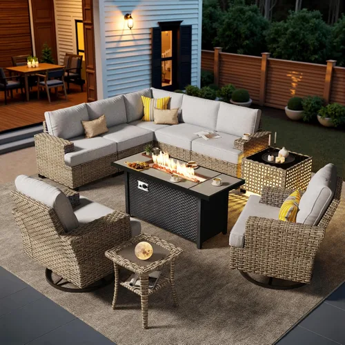Vista 87 de HOOOWOOO Juego de muebles seccionales de patio con mesa de luz solar, 6 piezas de mimbre para exteriores, sofá en forma de L, juego de conversación