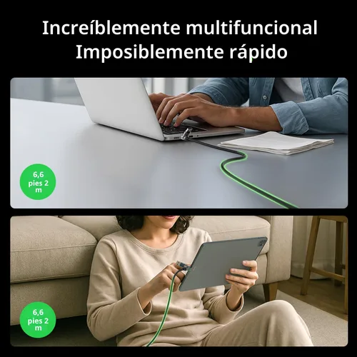 Vista 4 de Cable de carga rápida 4 en 1 con funda, 6.6 pies, color negro Cargador rápido PD 3.1 máximo de 240 W, USB-A/USB-C a USB-C/Lightning, compatible