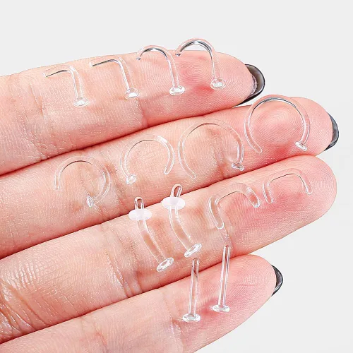 Vista 5 de Juego de 14 retenedores de cristal para el trabajo, deportes, cirugía, hipoalergénico, estilo mixto, anillos transparentes para labios, nariz