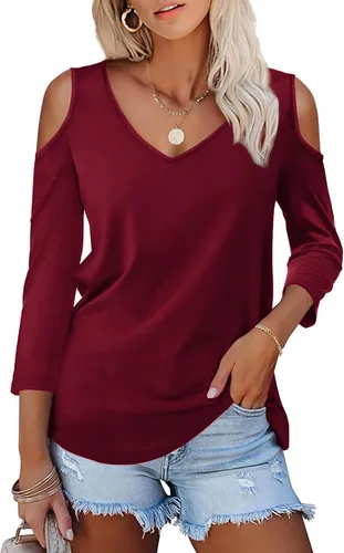 Vista 9 de Amoretu - Camisetas de manga corta con hombros descubiertos, cuello en V, blusa y túnica para mujer A: Negro