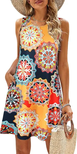 Vista 38 de SimpleFun - Vestidos de verano para mujer, camiseta floral, vestido de playa de estilo bohemio, informal, con bolsillos y sin mangas