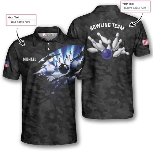 Vista 4 de PRIMESTY Camisas de bolos personalizadas para hombres, camisetas de bolos personalizadas con nombre y nombre del equipo, camisas polo de bolos