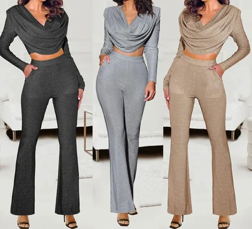 Vista 5 de Annystore Conjunto casual de 2 piezas para mujer, de manga larga, fruncido, brillante, bodycon y pantalones acampanados de cintura alta, conjunto