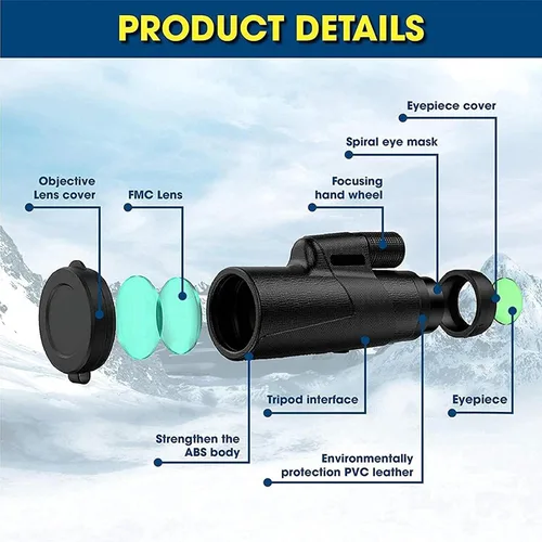 Vista 4 de Nuevo monóculo impermeable, telescopio monocular de alta definición de 12 x 50 con trípode y adaptador para teléfono inteligente - prisma BAK4