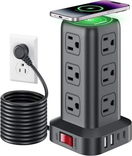 Vista 26 de SMALLRT - Cable de extensión con múltiples tomas, torre de regleta de alimentación con protector de sobretensiones, extensor de salida con 12