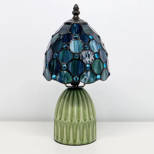 Vista 2 de Tiffany Stained Glass Mushroom Table Lamp 12.5 Inch -Sea Blue Pearl