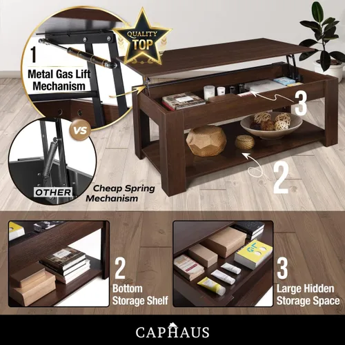 Vista 6 de CAPHAUS Mesa auxiliar elevable con almacenamiento y compartimento oculto, mesa elevadora para sala de estar, estante inferior abierto, 41 pulgadas
