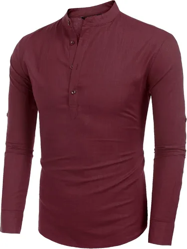 Vista 2 de COOFANDY - Camisas de lino y algodón con cuello Henley, de manga larga, estilo hippie informal, camisas de playa