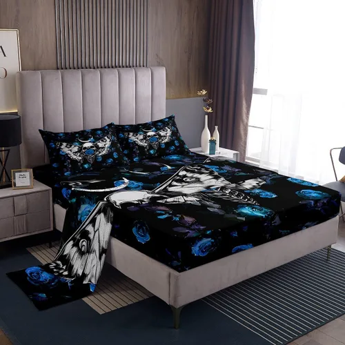Vista 17 de Erosebridal Sábanas de cama de guepardo con rosa roja, juego de sábanas de bolsillo profundo con estampado de leopardo y gato, sábana bajera