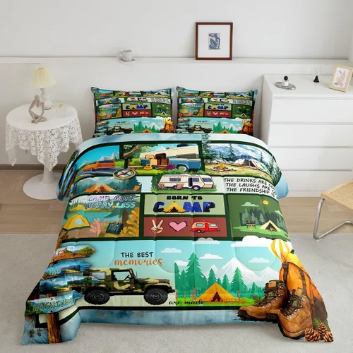 Vista 32 de Erosebridal Juego de edredón de cabaña de cabaña, juego de ropa de cama individual para niños, edredón de campamento con temática de campamento