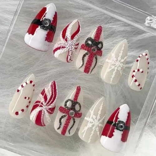 Vista 45 de 24 piezas de uñas postizas de punta francesa a presión, uñas postizas medianas en forma de almendra con diseño de ondas azul oscuro, uñas postizas