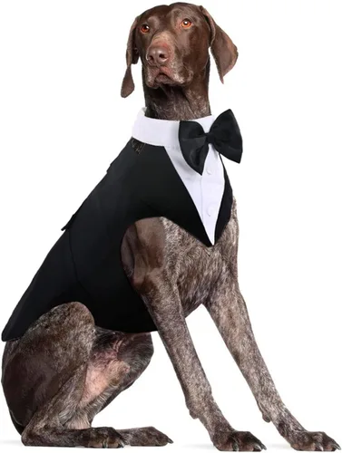 Vista 10 de DORA BRIDAL Esmoquin para perros pequeños, traje de perro y corbatín, traje formal de boda para perros, conjunto de esmoquin y bandana para Negro