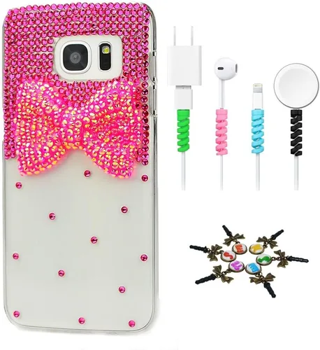 Vista 8 de Sparkle Funda compatible con Samsung Galaxy J2 Prime – Elegante funda con diseño de lazo 3D hecha a mano con protector de cable [4 unidades] – Rosa
