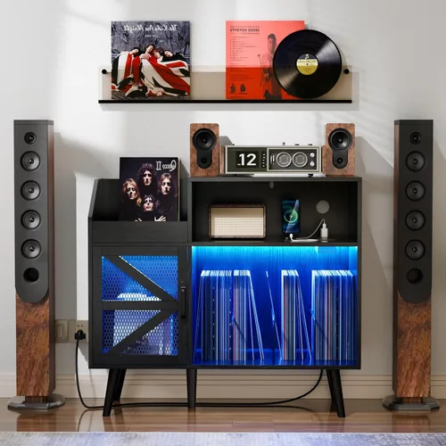 Vista 8 de Loomie Soporte grande para tocadiscos con toma de corriente y luz LED, gabinete de almacenamiento de discos de vinilo 350 con puerta magnética, mesa