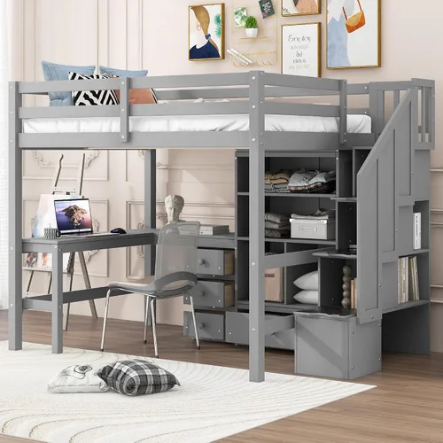 Vista 29 de Cama loft de madera tamaño matrimonial con escritorio en forma de U y espejo de tres pliegues, base de cama tipo loft multifunción con Espresso-10.16