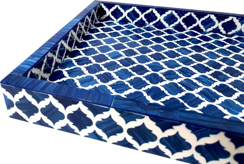 Vista 8 de Bandeja de servir hecha a mano con incrustaciones de hueso, bandeja de desayuno de damasco marroquí azul y blanco, bandeja rectangular de madera
