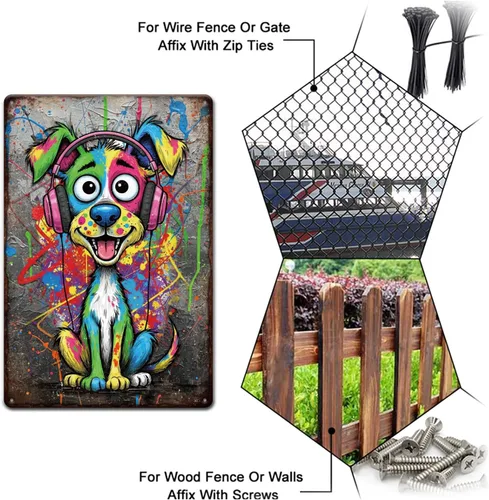 Vista 4 de GLOBLELAND Letrero de metal divertido de 12 x 8 pulgadas con diseño de grafiti para cachorros, letreros decorativos divertidos para perro, pintura