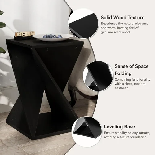 Vista 3 de COZAYH Mesa auxiliar cuadrada de madera maciza estilo granja, soporte rústico para plantas con diseño trenzado para sala de estar, dormitorio, Negro
