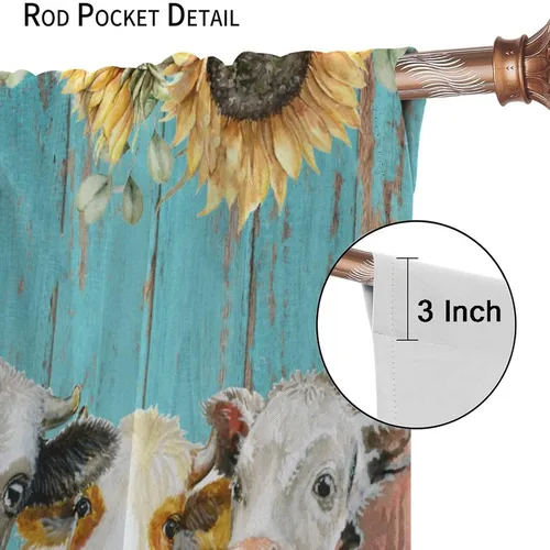 Vista 5 de Cortinas de vaca de animales de granja, ventana con estampado de girasol y vida silvestre del oeste para dormitorio, bolsillo para barra de madera