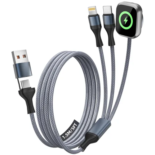 Vista 26 de Travel Essentials - Cable de carga múltiple 4 en 1 para cargador de reloj de iPhone, USB A a doble tipo C/IP/iWatch, cargadores de viaje