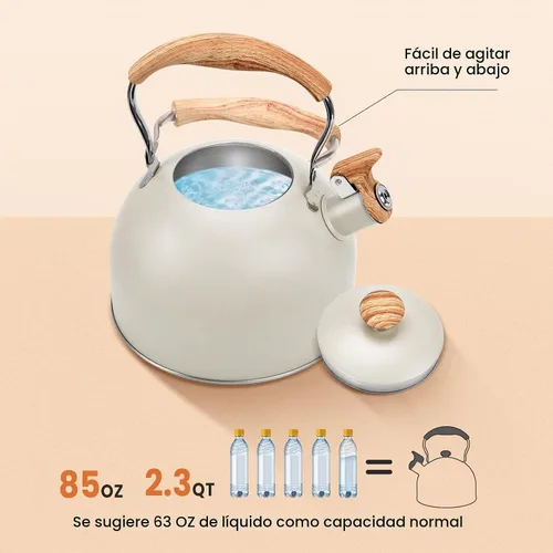 Vista 3 de Hervidor de Té Foedo para Estufa, Teteras Silbantes de 2.6 Cuartos para Estufa, Mango Plegable Resistente al Calor, Tetera Bonita (Beige)