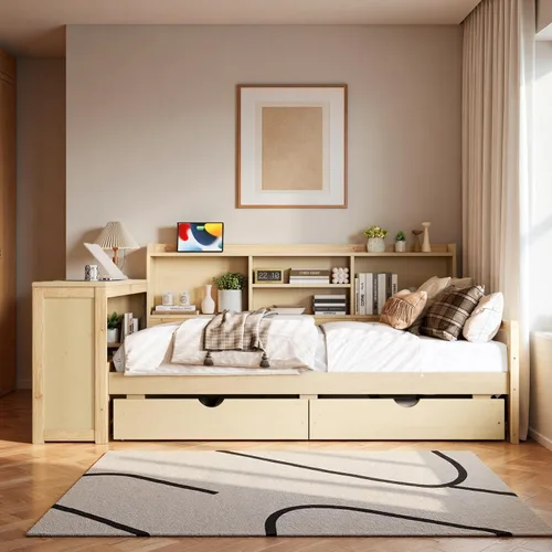 Vista 14 de SOFTSEA Sofá cama esquinera de tamaño matrimonial con nido y estantería, sofá cama en forma de L con luces LED y puertos USB, marco de cama Antique