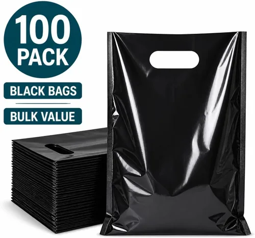 Vista 5 de ysmile Pequeña bolsa de compras de plástico negro para pequeñas empresas Bolsa de mercancía de plástico con asa Poli troquelado para venta al por