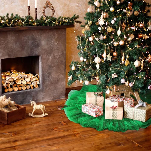 Vista 3 de Tatuo Falda de árbol de Navidad con volantes de 4 capas de tul redonda esponjosa y brillante, adorno para decoración de Navidad y vacaciones