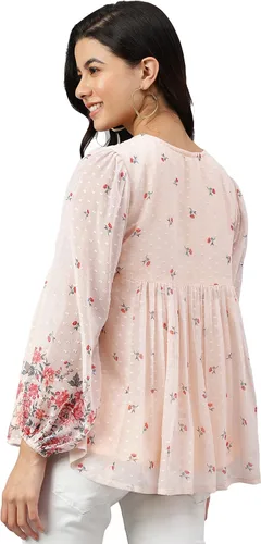 Vista 5 de Janasya Top acampanado con estampado floral Peach Georgette para mujer