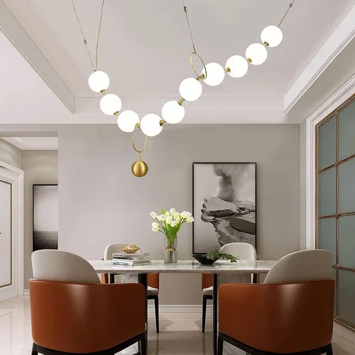 Vista 4 de Postmodern - Collar de perlas con bola de cristal, 10 luces; lámpara de araña de burbujas de bola de vidrio blanco leche, luz LED ajustable