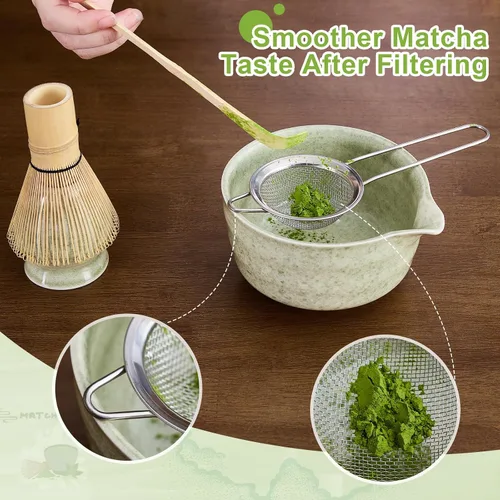 Vista 4 de Juego de 5 batidores de matcha, cuenco de matcha con boquilla, batidor de bambú 100% (Chasen), soporte, tamiz inoxidable, cuchara de té, kit