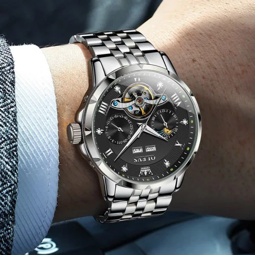 Vista 3 de OLEVS Relojes automáticos para hombre, cuerda automática, de lujo, de acero inoxidable, impermeable, relojes de pulsera para hombres