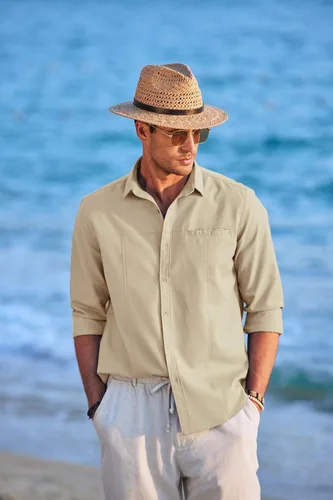 Vista 2 de COOFANDY Camisas de lino para hombre, camisa de playa de manga larga con botones y bolsillo