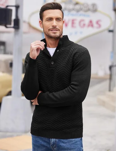 Vista 2 de COOFANDY Suéter de cuello alto Henley de punto trenzado para hombre