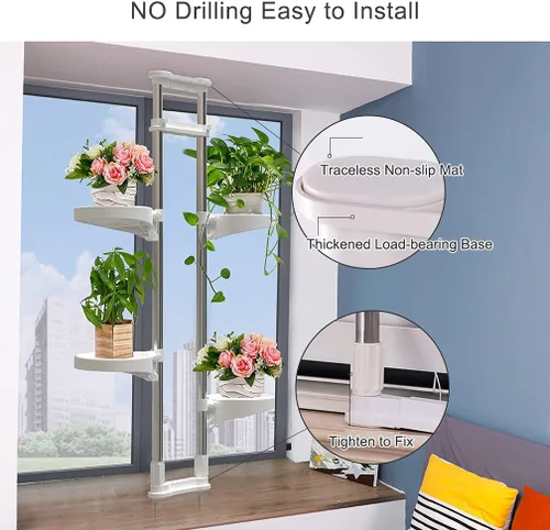 Vista 3 de BAOYOUNI Soporte para plantas de interior con ventana, estante de almacenamiento de metal con doble poste, soporte para macetas, estante