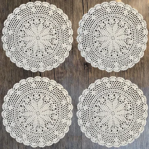 Vista 7 de PHANTOMON Manteles individuales redondos de punto de encaje de algodón hechos a mano, diseño de estrellas, borde ondulado, paquete de 4