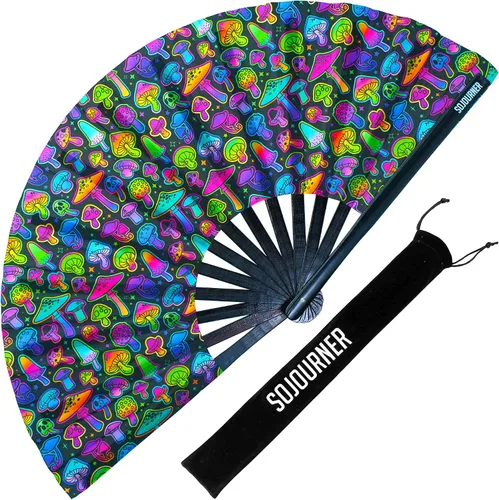 Vista 30 de SoJourner Bags Rave Fan – Abanico plegable grande – Abanico de mano Clack para raves, Halloween, Burlesque, atuendos arcoíris para mujeres