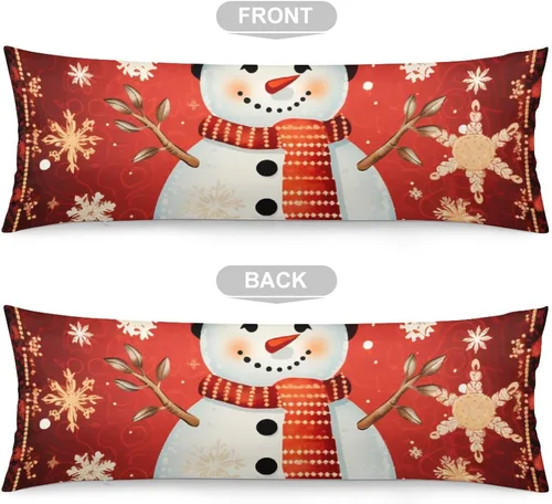 Vista 3 de Funda de almohada corporal con encanto, muñeco de nieve, copo de nieve, primera Navidad en rojo, funda de almohada larga con cremallera