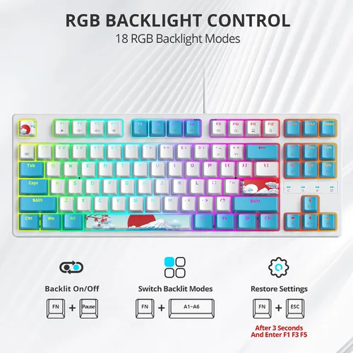 Vista 5 de Teclado mecánico 75% para juegos con interruptor rojo, teclado retroiluminado LED RGB blanco y azul, 87 teclas compacto TKL teclado de computadora